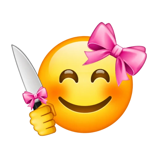 Cute smiling emoji wearing a pink bow and holding a knife