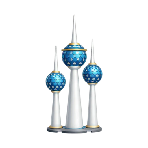 patterned blue spherical pods and three slender white towers, depicting Kuwait Towers.