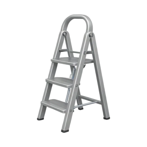 One silver folding step ladder standing open with three steps, no person, shadow, or scenery.