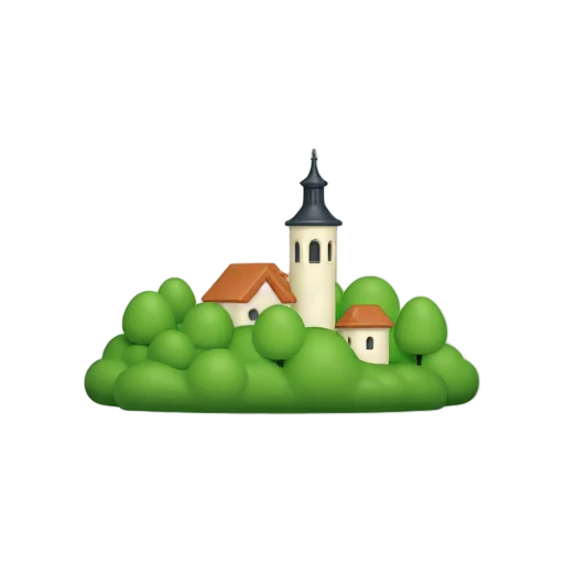 Lake Bled Island Church: green island and pale church steeple.