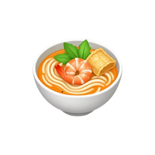 Laksa noodle soup with orange coconut broth, shrimp, tofu puffs, and herbs