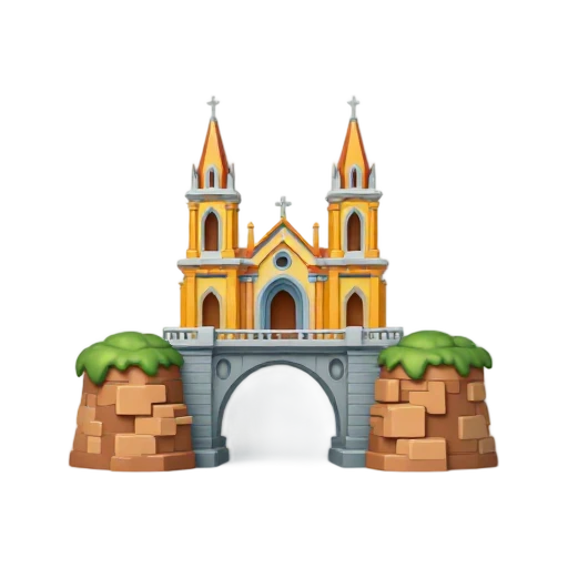 Gothic church facade and stone bridge spanning a gorge, depicting Las Lajas Sanctuary.