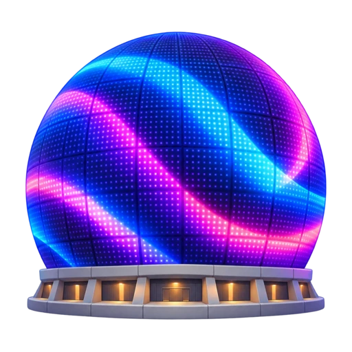 huge glowing sphere and wraparound abstract light display, depicting Las Vegas Sphere.