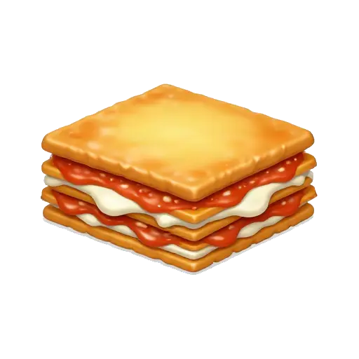 One square slice of lasagna with clear layers of pasta, tomato meat sauce, ricotta, and melted cheese, no plate or background.