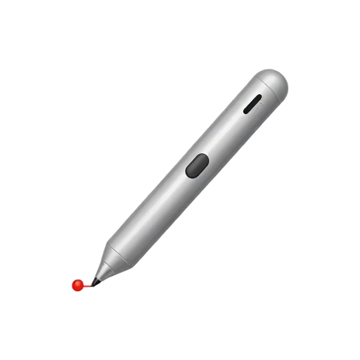 Silver laser pointer pen with a short red beam and dot