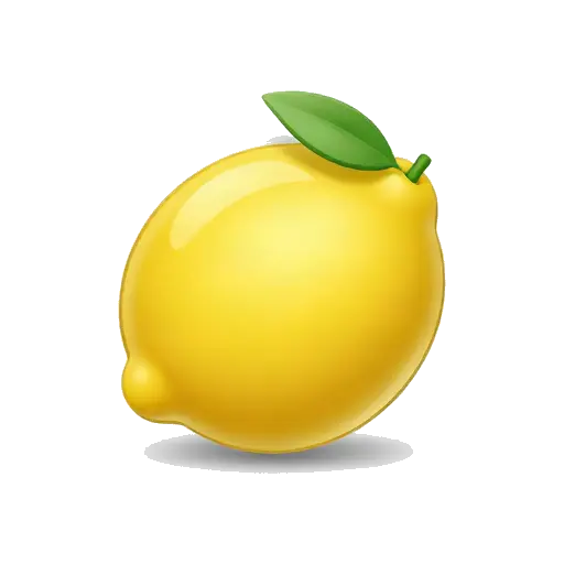 One bright yellow lemon, oval shape with pointed ends, glossy textured peel, one small green leaf, no background.