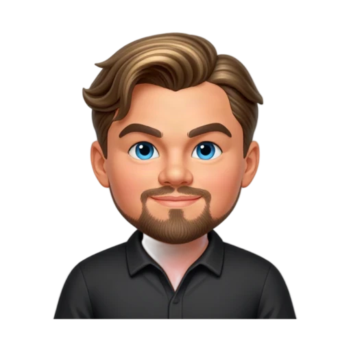 Leonardo DiCaprio smiling in a black collared shirt