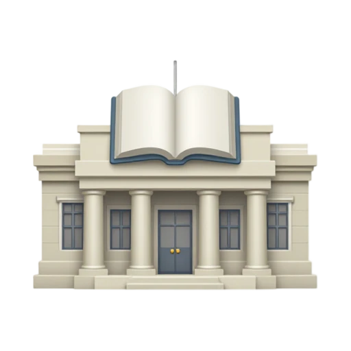 Library with classical library facade and open book emblem