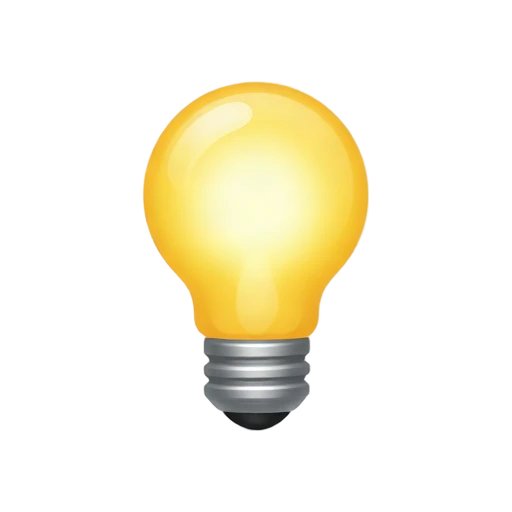 One glowing yellow lightbulb with silver base, simple isolated object, no socket, shadow, or scenery.