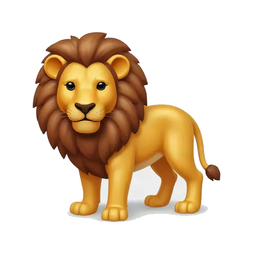 One golden male lion standing in three-quarter view with a full brown mane, calm face, paws, and tail tuft, no background.