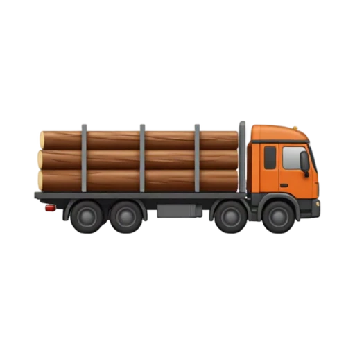 Logging Truck with long flat trailer and neatly stacked brown timber logs