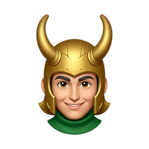 Loki with gold helmet with two long curved horns and green high collar
