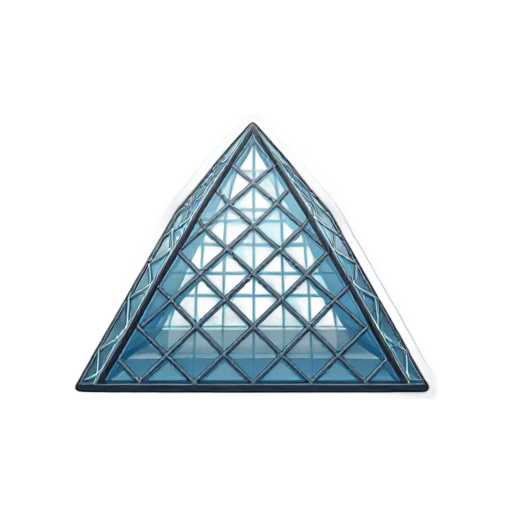 glass pyramid and crisp triangular metal grid, depicting Louvre Pyramid.