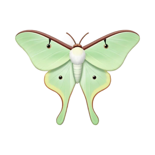 Pale green luna moth with long hindwing tails and eye spots