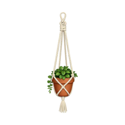Macrame plant hanger with green plant emoji