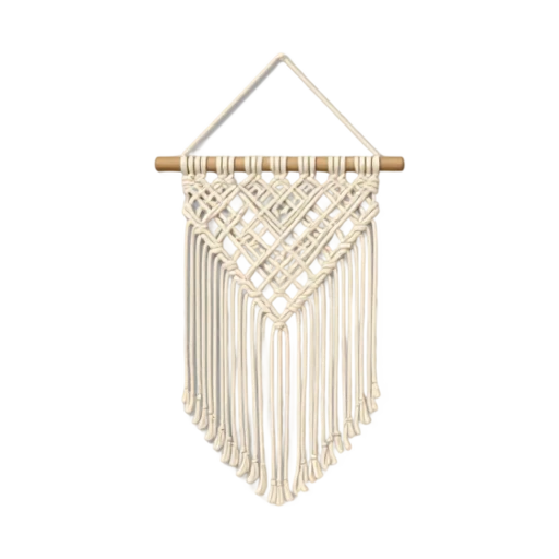 Macrame Wall Hanging with short wooden hanging dowel and cream knotted diamond pattern