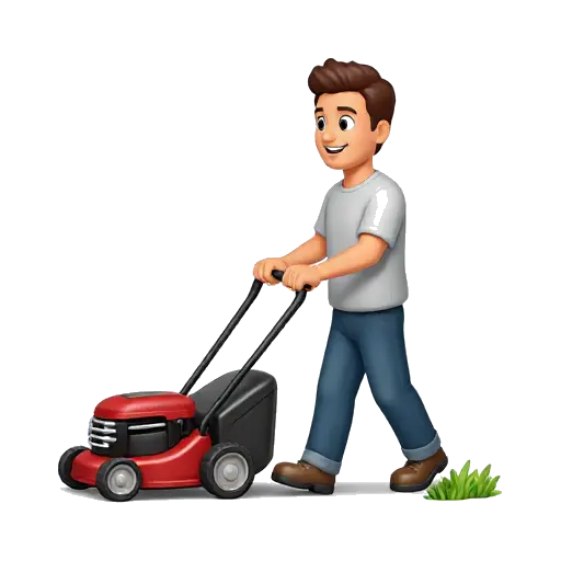 Man pushing a red and black lawn mower