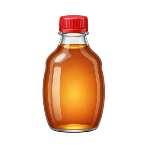 Glass bottle of amber maple syrup with a red screw cap