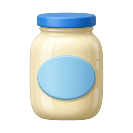 A mayonnaise jar with a blue lid and pale creamy contents