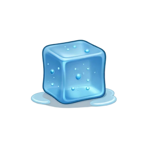 Clear blue ice cube with rounded melting edges and a puddle