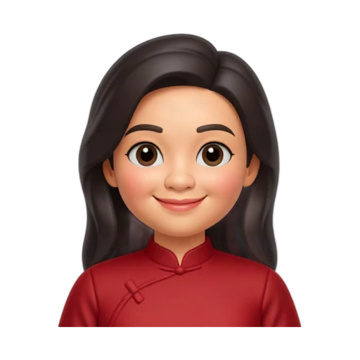 Michelle Yeoh smiling in a red mandarin-collar blouse