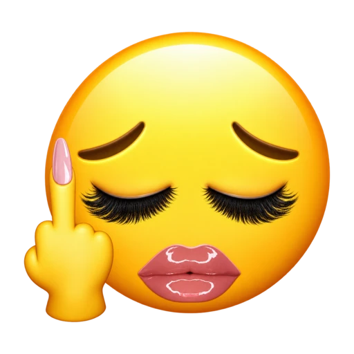 Yellow diva face with long lashes and pink lips raising a pink-nailed middle finger