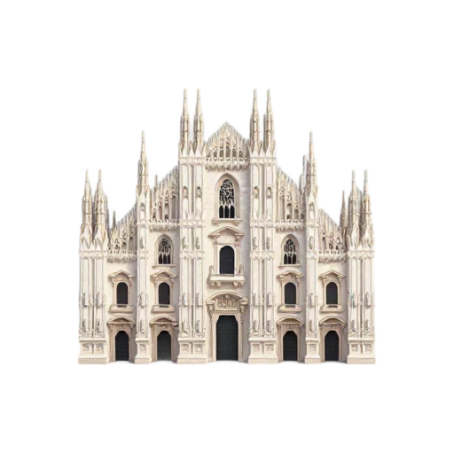 white Gothic stone facade and many delicate spires, depicting Milan Cathedral.