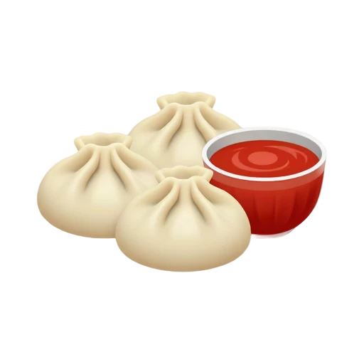 Steamed Nepalese momos with pleated tops and red tomato sauce