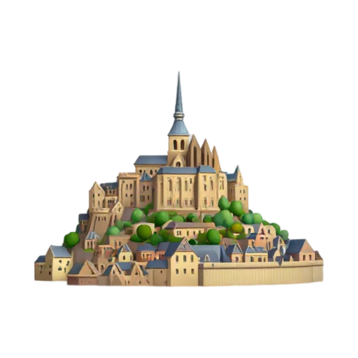 steep island village and abbey spire at the summit, depicting Mont-Saint-Michel.