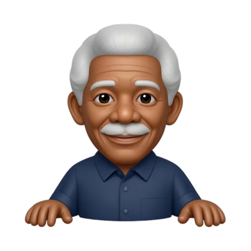 Morgan Freeman with both arms relaxed and hands out of frame, wearing a navy collared shirt