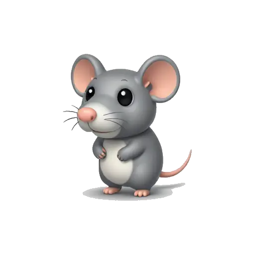 One tiny gray mouse standing upright with round ears, pink nose, whiskers, pale belly, and a thin curled tail, no background.