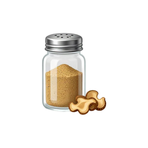 Glass spice shaker holding fine tan mushroom seasoning with mushroom pieces beside it