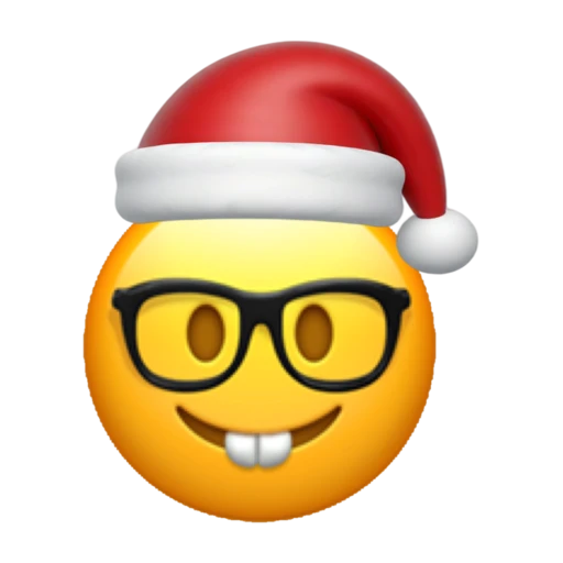 Nerdy emoji face wearing a red Santa hat on a transparent background.