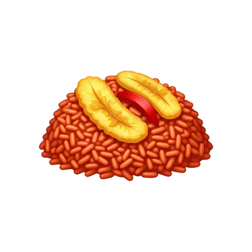 Nigerian jollof rice with red-orange grains, red pepper, and curved fried plantain