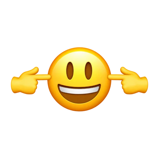 Smiling yellow face with both index fingers covering the ear positions on the sides of its head