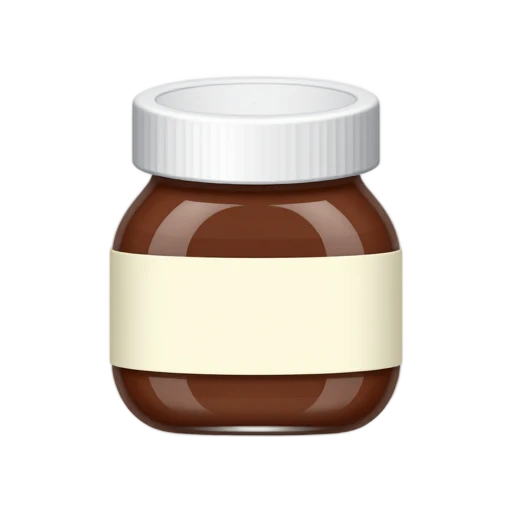 One squat rounded clear glass jar of Nutella-style brown hazelnut spread, with a round white screw lid and a plain cream rectangular label on its front