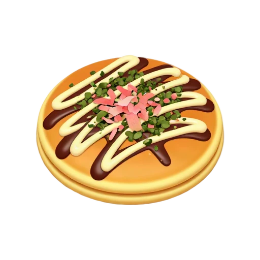 Japanese okonomiyaki pancake with dark sauce, mayonnaise, and bonito flakes