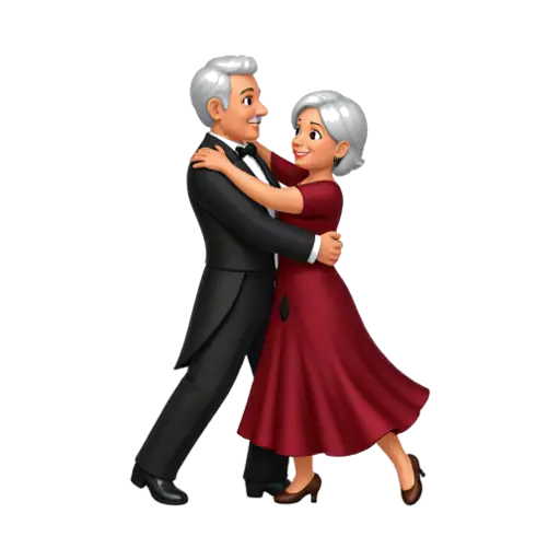 Older silver-haired couple ballroom dancing in formal clothes