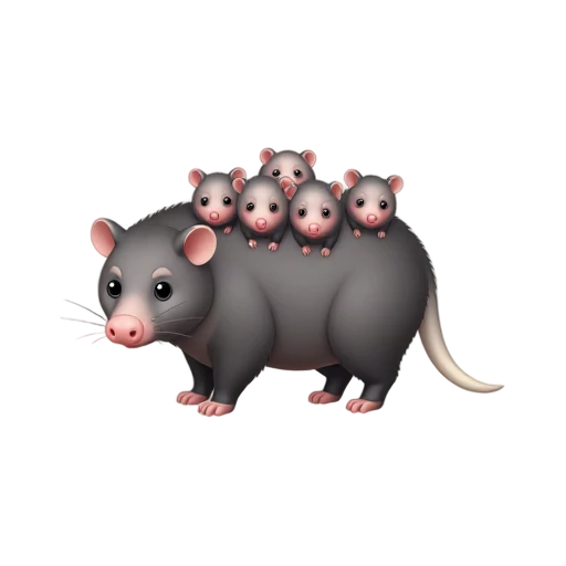 Gray opossum with four babies clinging to its back