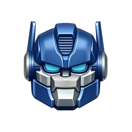 Optimus Prime head with blue angular helmet with tall side fins and silver mechanical mouthplate