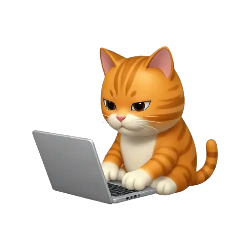 Orange tabby cat typing with both paws on a laptop