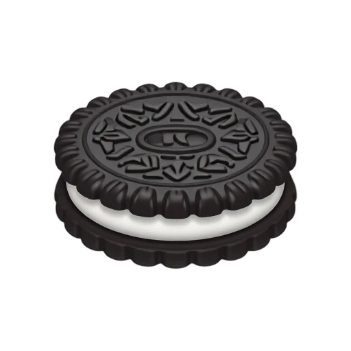 Dark chocolate sandwich cookie with embossed wafers and white cream layer