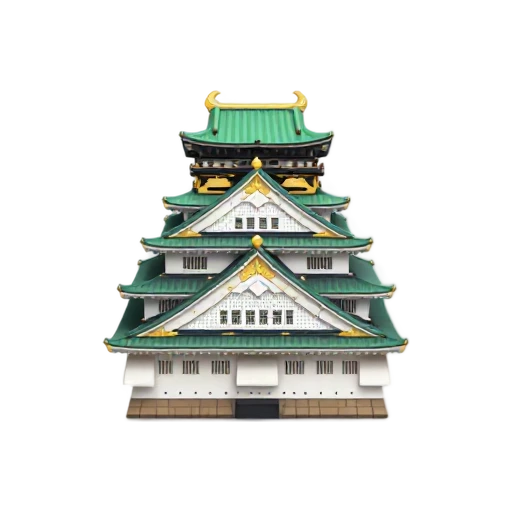 white tiered castle keep and green roofs with gold accents, depicting Osaka Castle.