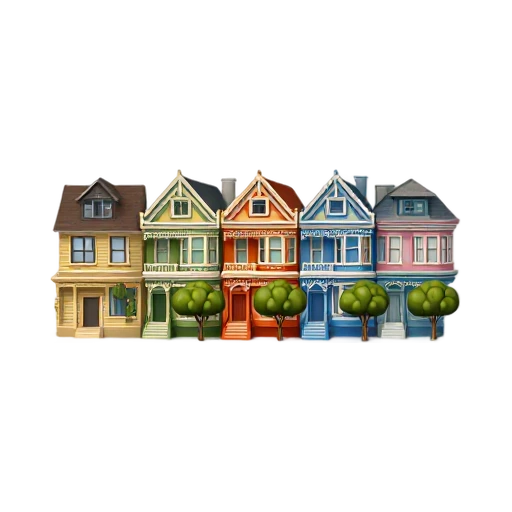 row of colorful Victorian houses and ornate gabled roofs, depicting Painted Ladies San Francisco.