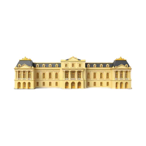 long symmetrical cream palace and gilded roof accents, depicting Palace of Versailles.