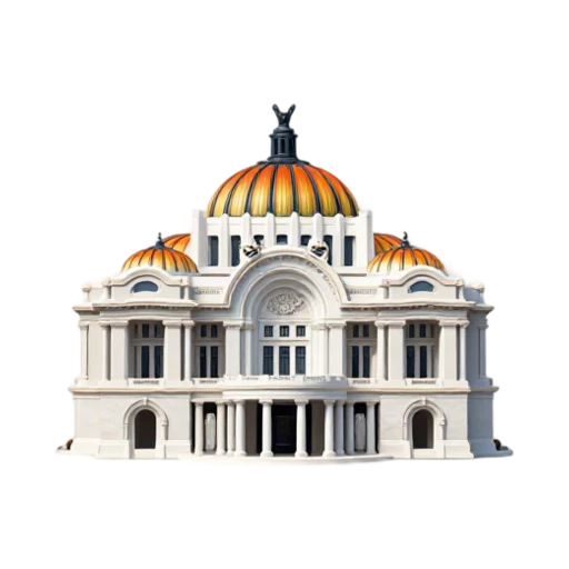 white marble palace and orange-gold dome, depicting Palacio de Bellas Artes.