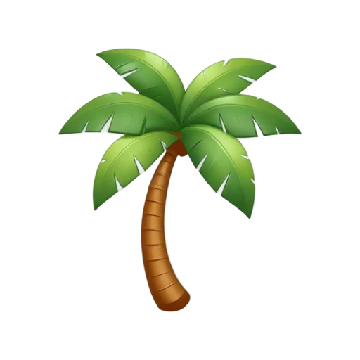 One tropical palm tree with curved brown trunk and green fronds, no beach, shadow, or scenery.