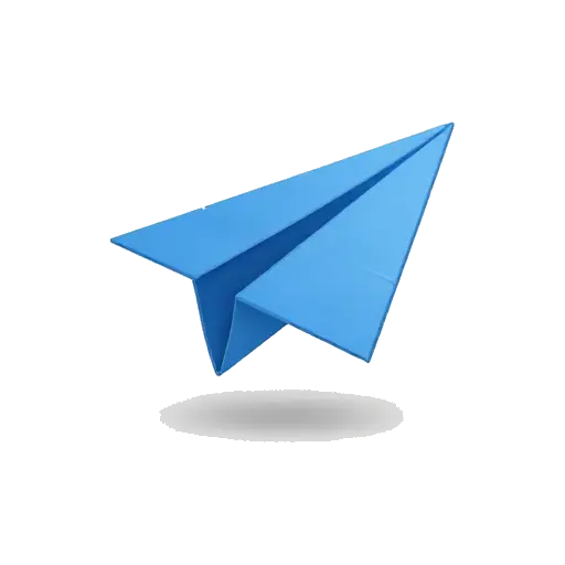 One folded blue paper airplane flying diagonally upward, crisp symmetrical folds, pointed nose, and a clean simple silhouette, no trail or background.
