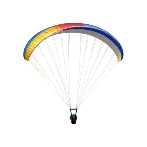 Paraglider with curved colorful fabric wing and many thin suspension lines