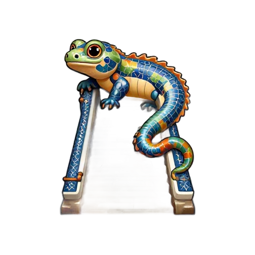 colorful mosaic salamander and split stone staircase, depicting Park Güell Dragon Staircase.